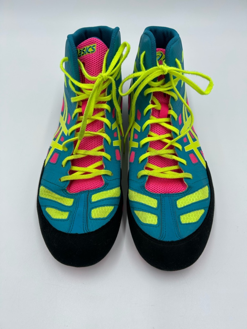 Asics JB Elite Wrestling J3A1Y Shoes Teal Neon Yellow Pink Accents 11 Preowned - Picture 2 of 8